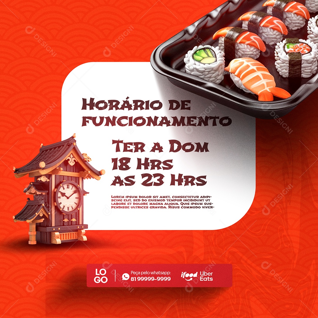 Comida Japonesa Horário de Funcionamento Social Media PSD Editável