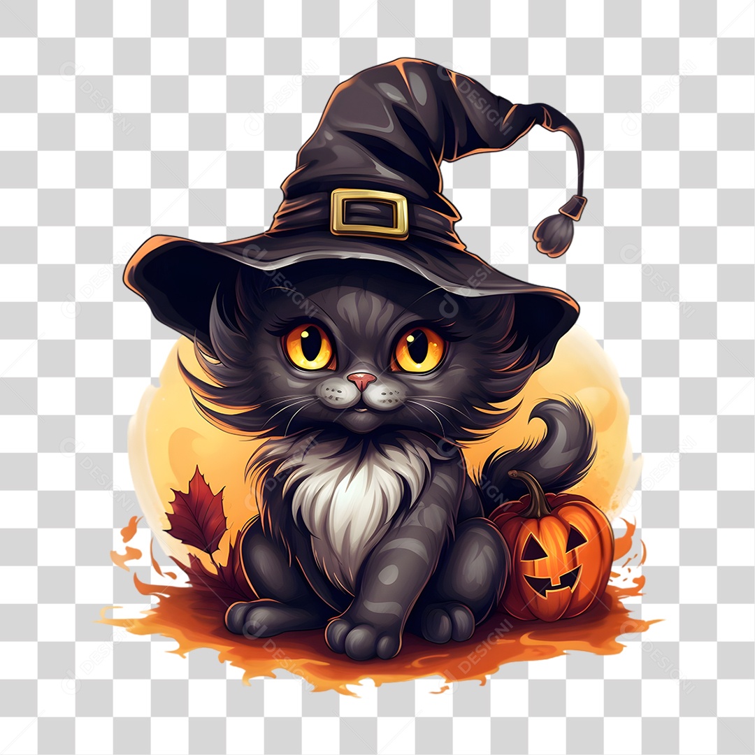 Elemento 3D Halloween Gato Bruxa PNG Transparente