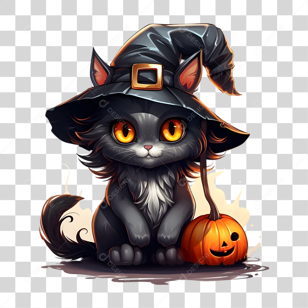 Elemento 3D Halloween Gato Bruxa PNG Transparente