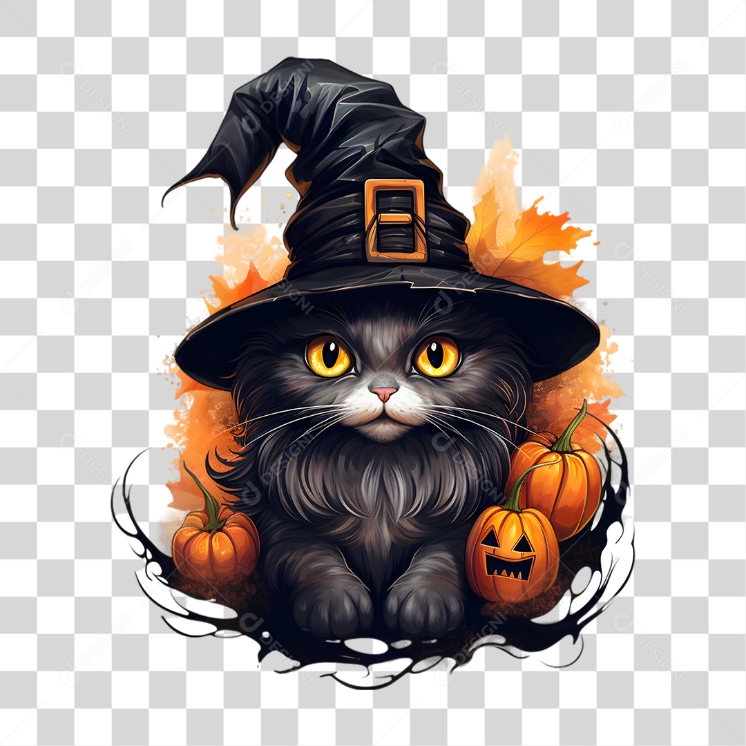 Elemento 3D Halloween Gato Bruxa PNG Transparente