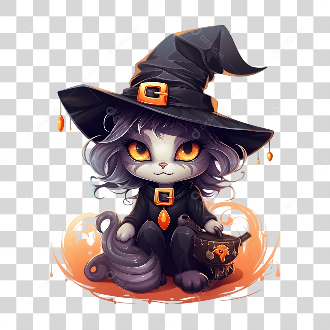 Elemento 3D Halloween Gato Bruxa PNG Transparente