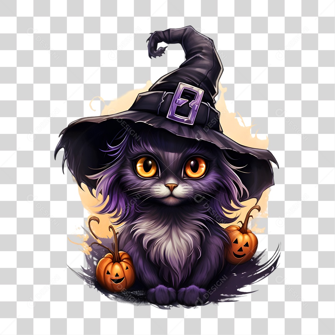 Elemento 3D Halloween Gato Bruxa PNG Transparente