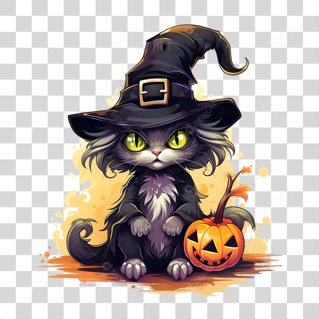 Elemento 3D Halloween Gato Bruxa PNG Transparente