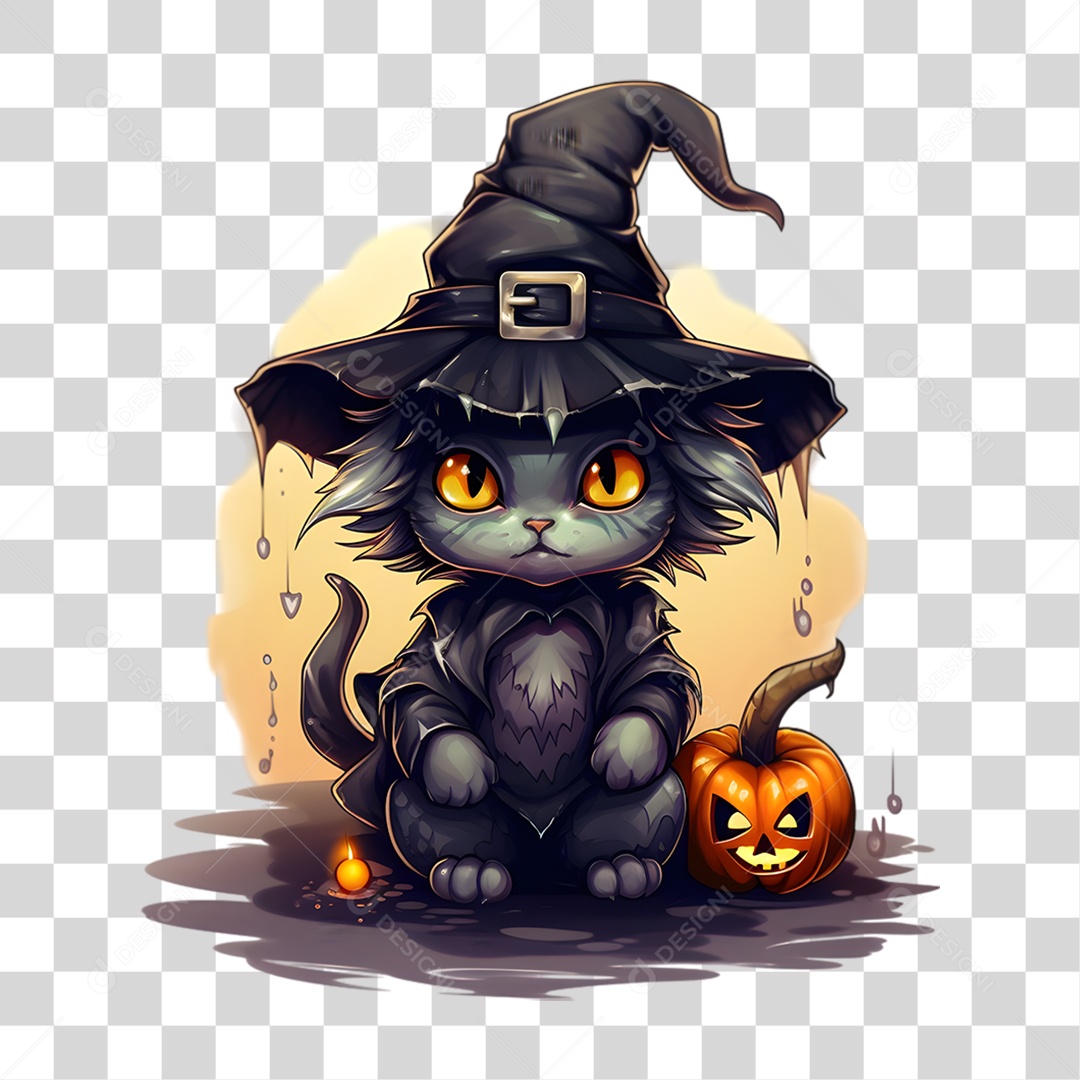 Elemento 3D Halloween Gato Bruxa PNG Transparente