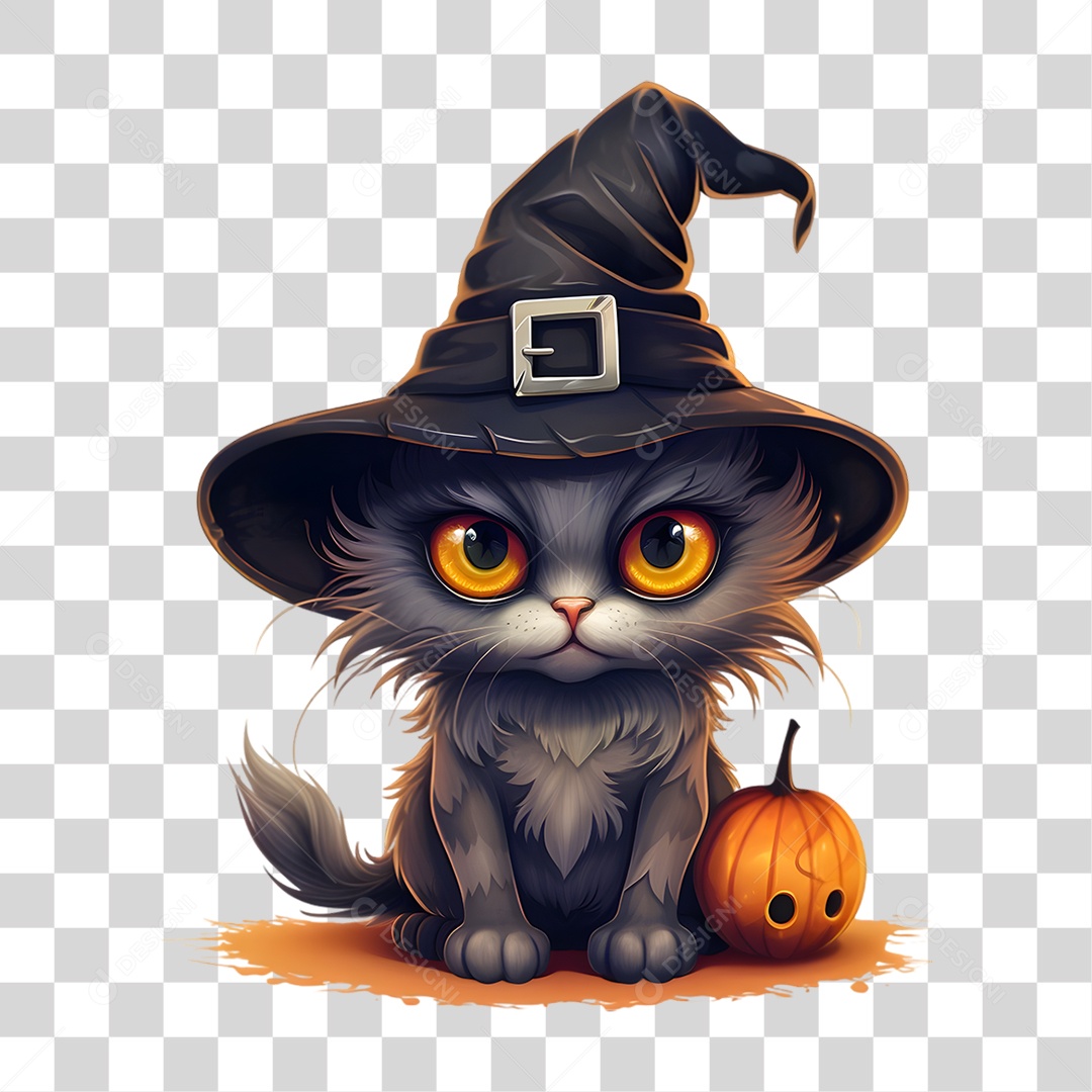 Elemento 3D Halloween Gato Bruxa PNG Transparente