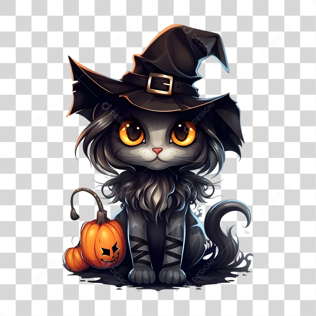 Elemento 3D Halloween Gato Bruxa PNG Transparente