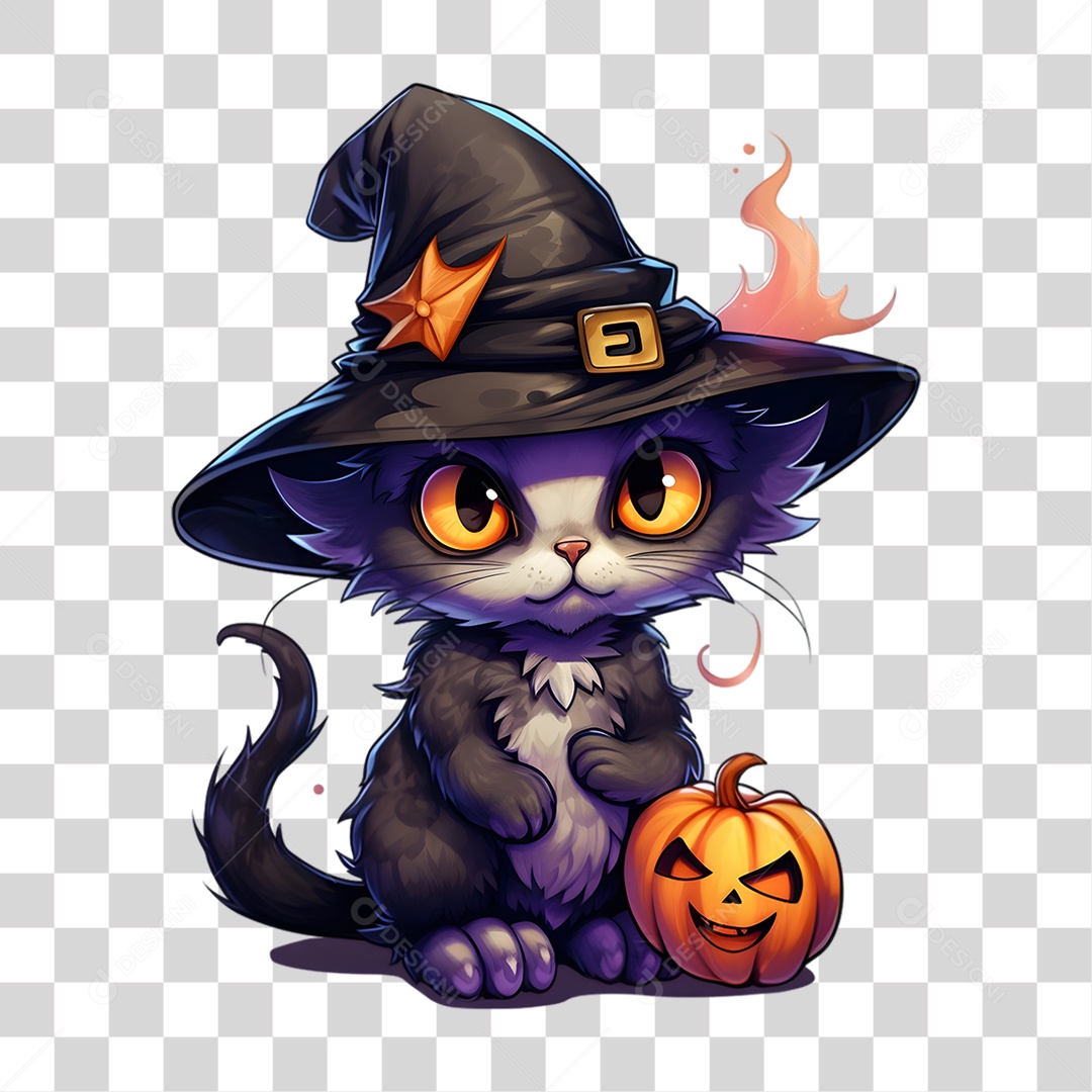 Elemento 3D Halloween Gato Bruxa PNG Transparente