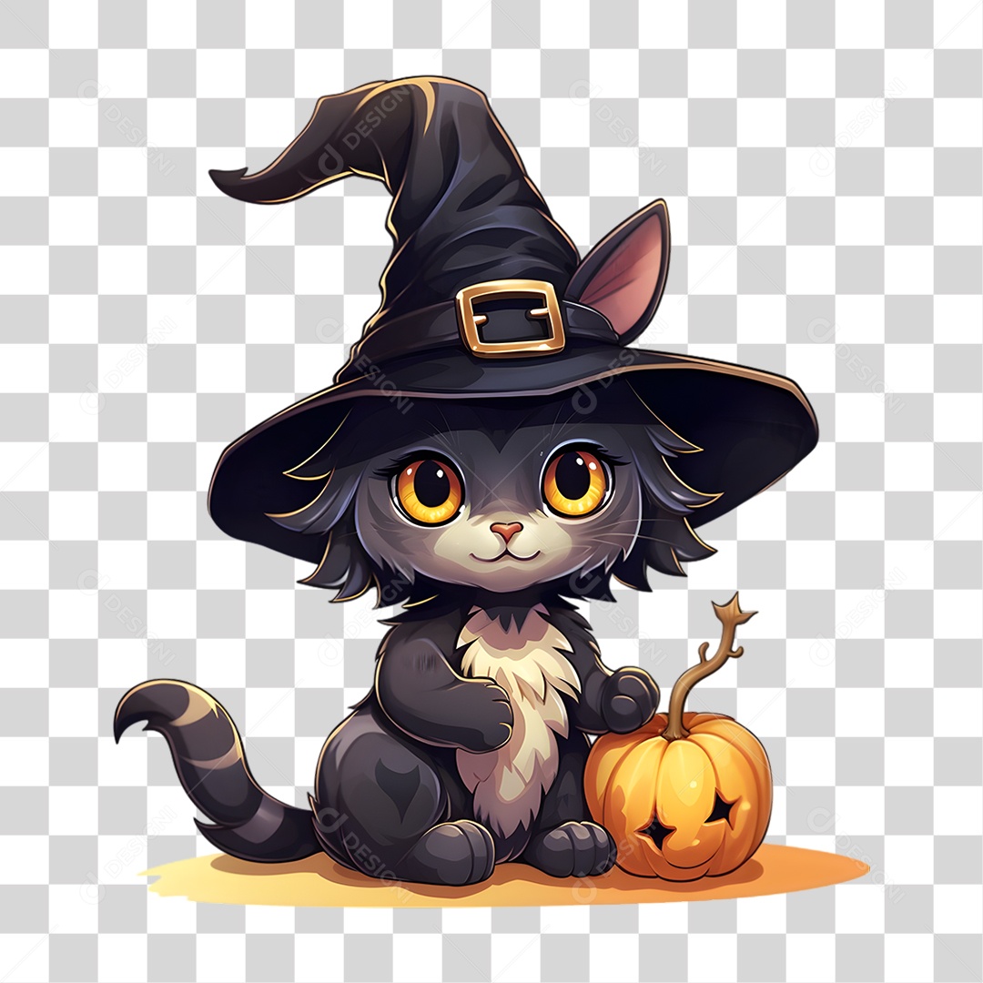 Elemento 3D Halloween Gato Bruxa PNG Transparente