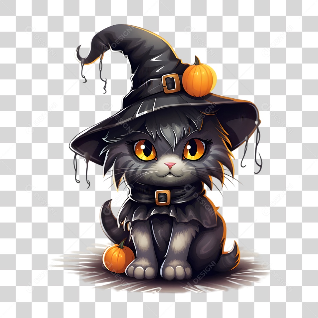 Elemento 3D Halloween Gato Bruxa PNG Transparente