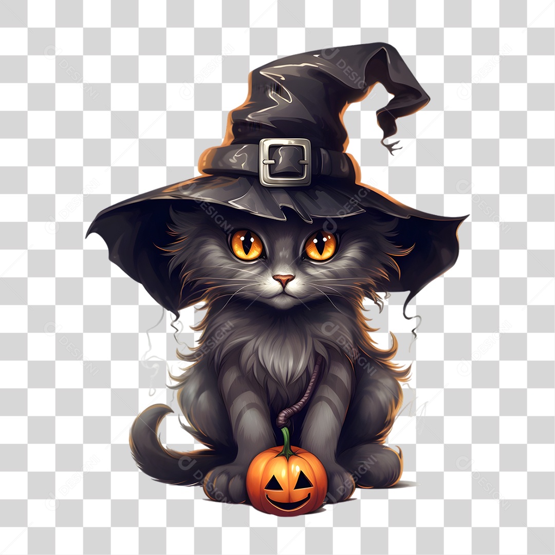 Elemento 3D Halloween Gato Bruxa PNG Transparente