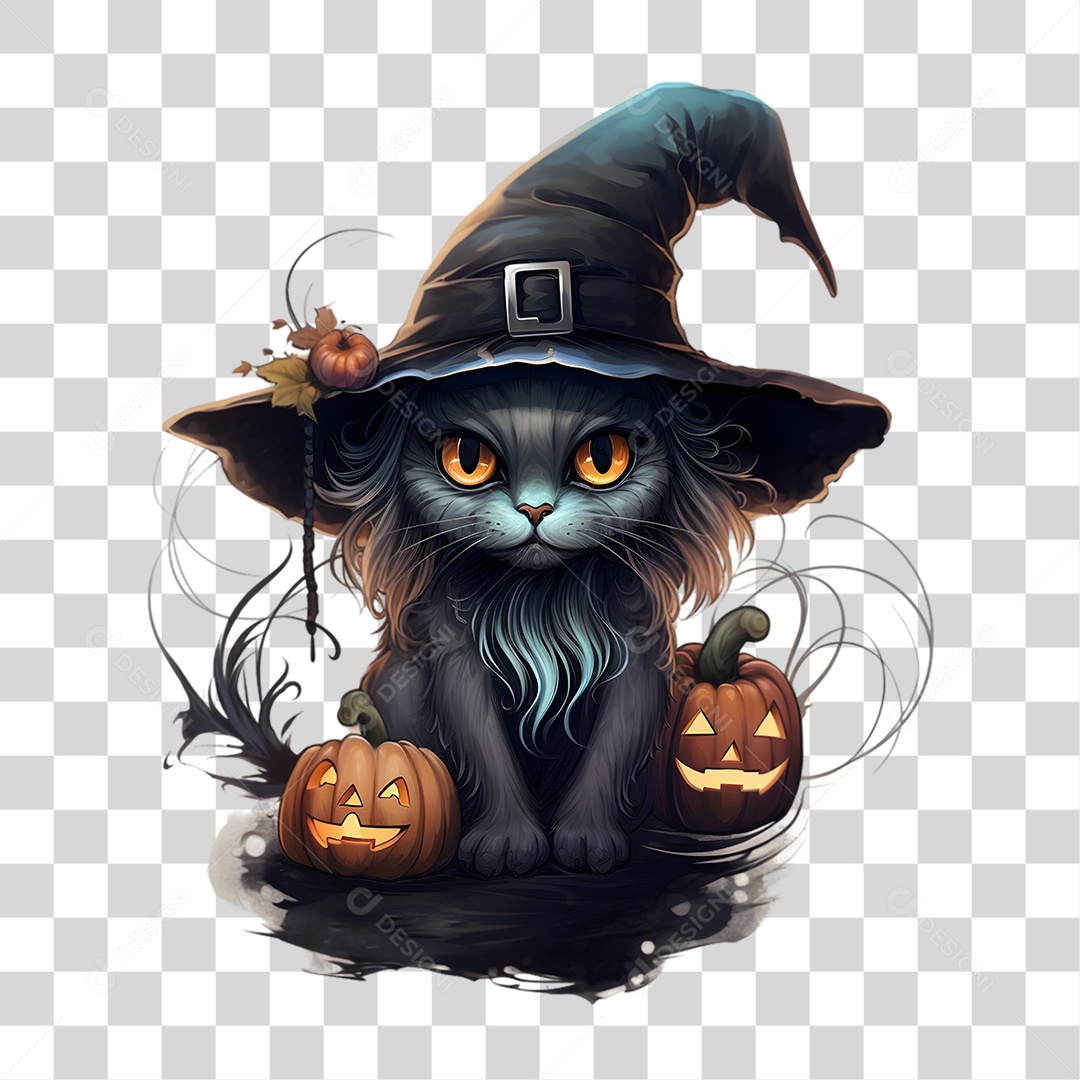 Elemento 3D Halloween Gato Bruxa PNG Transparente