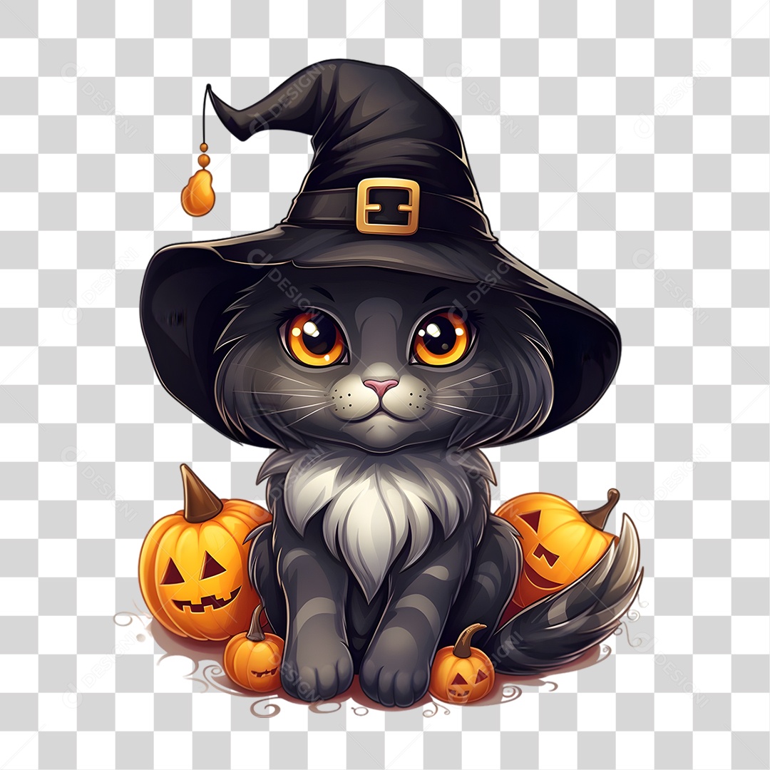 Elemento 3D Halloween Gato Bruxa PNG Transparente