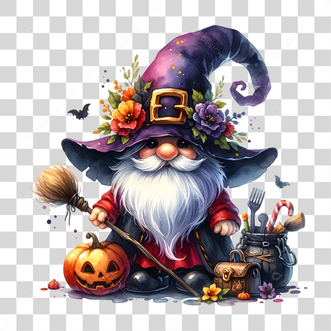 Elemento 3D Halloween Gnomo Bruxo PNG Transparente