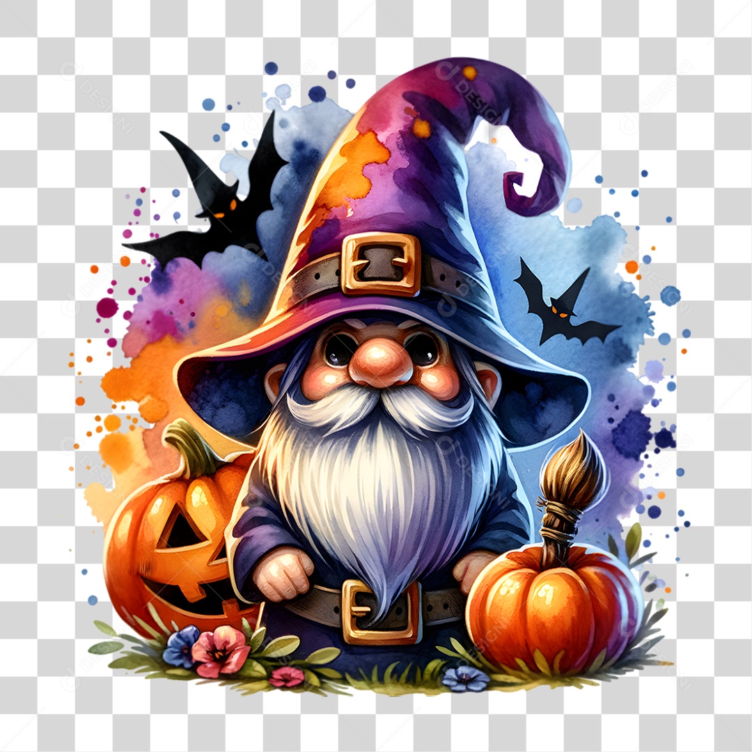 Elemento 3D Halloween Gnomo Bruxo PNG Transparente