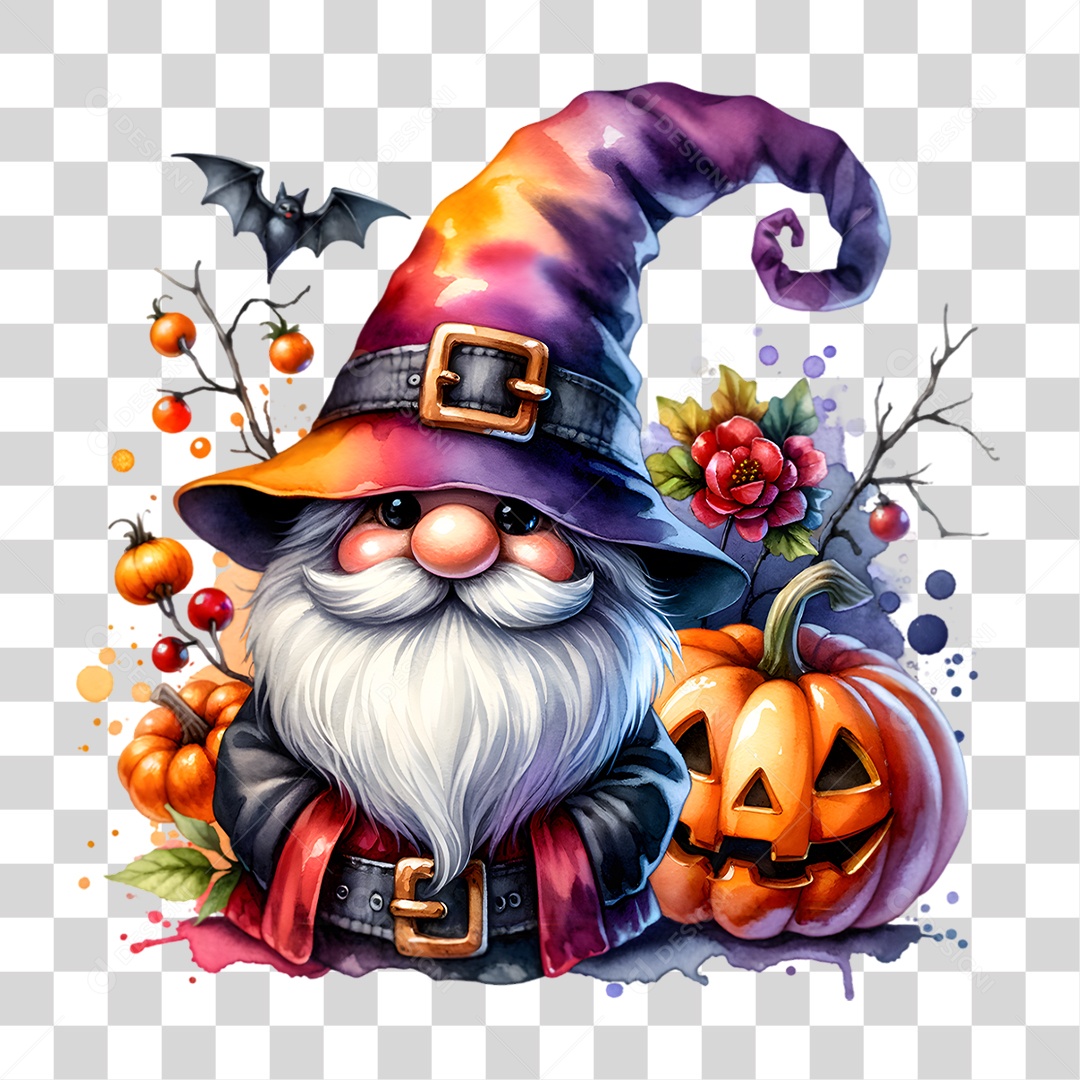 Elemento 3D Halloween Gnomo Bruxo PNG Transparente