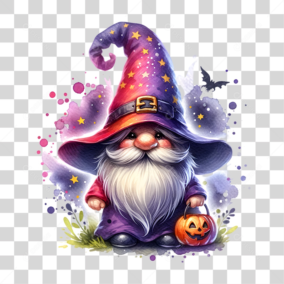 Elemento 3D Halloween Gnomo Bruxo PNG Transparente