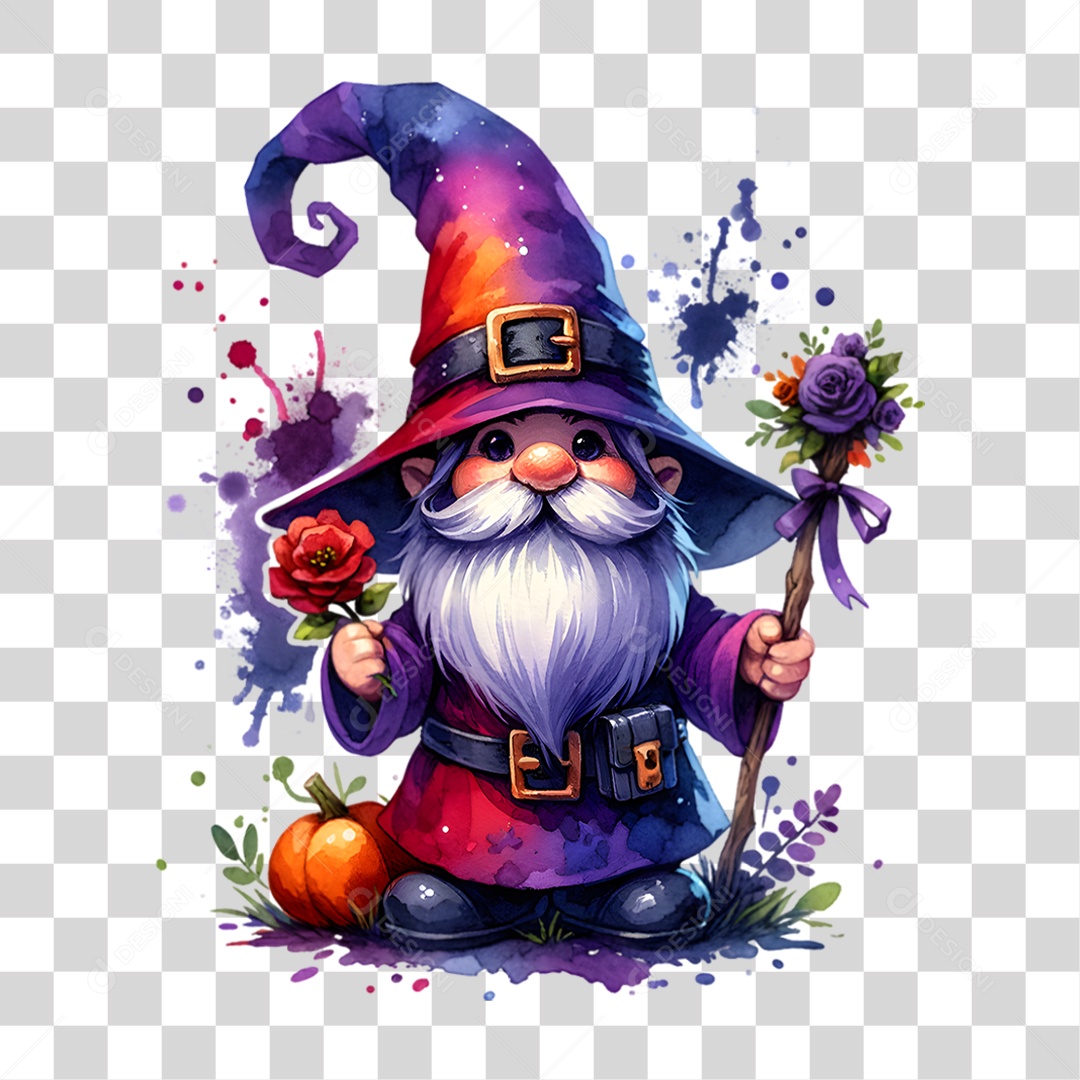 Elemento 3D Halloween Gnomo Bruxo PNG Transparente