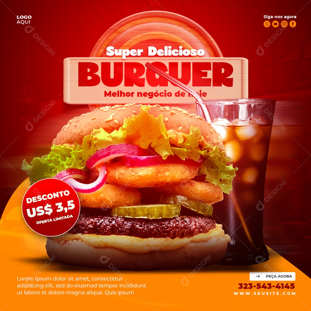 Banner Super Delicioso Hamburguer Social Media PSd Editável