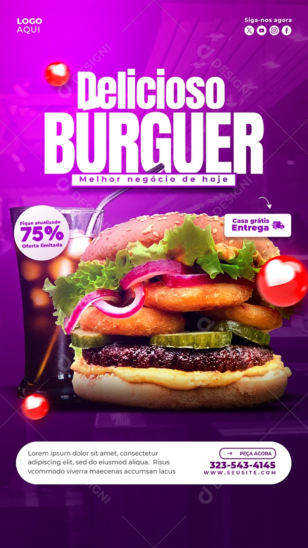 Banner Delicioso Hamburguer Social Media PSd Editável