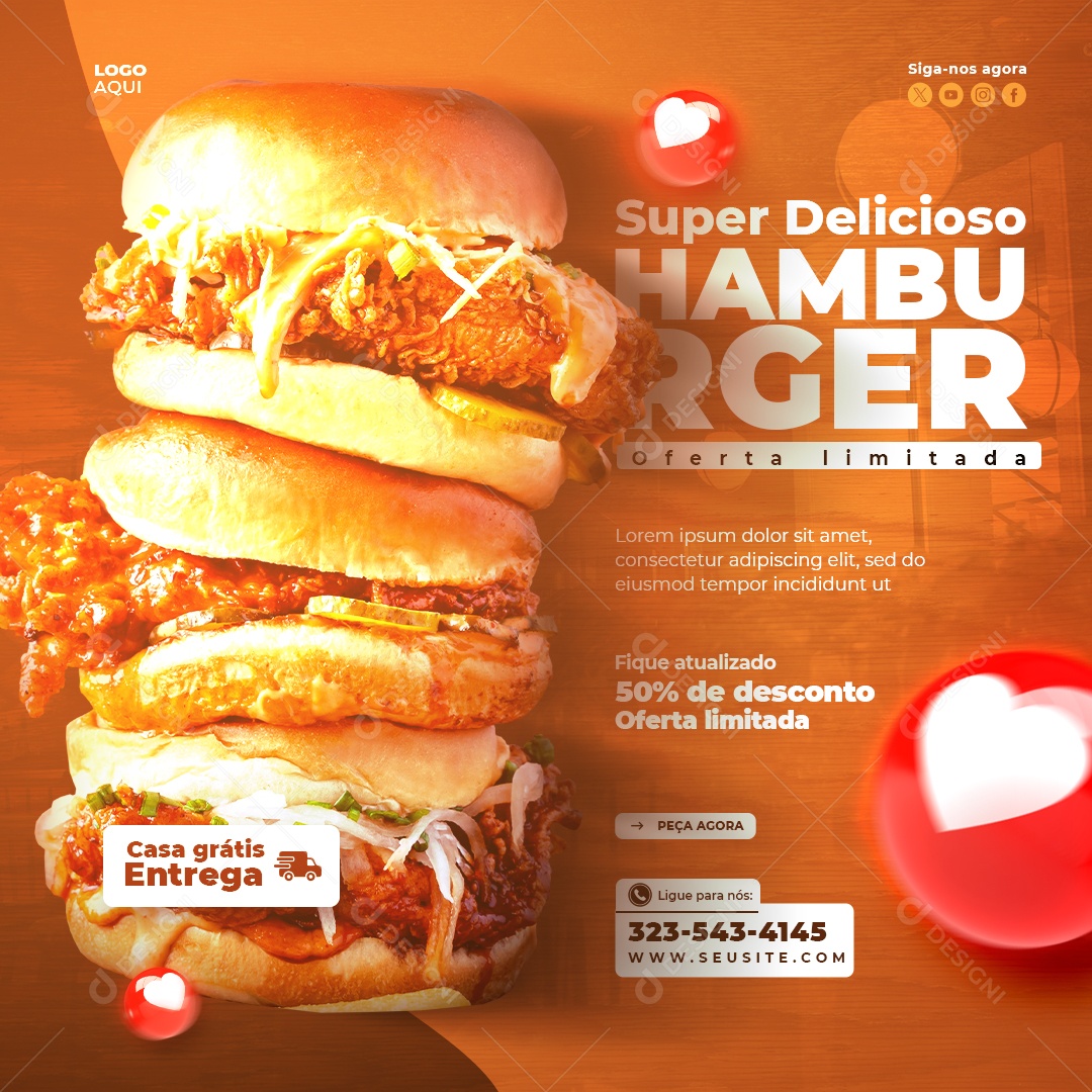 Banner Super Delicioso Hamburguer Social Media PSd Editável