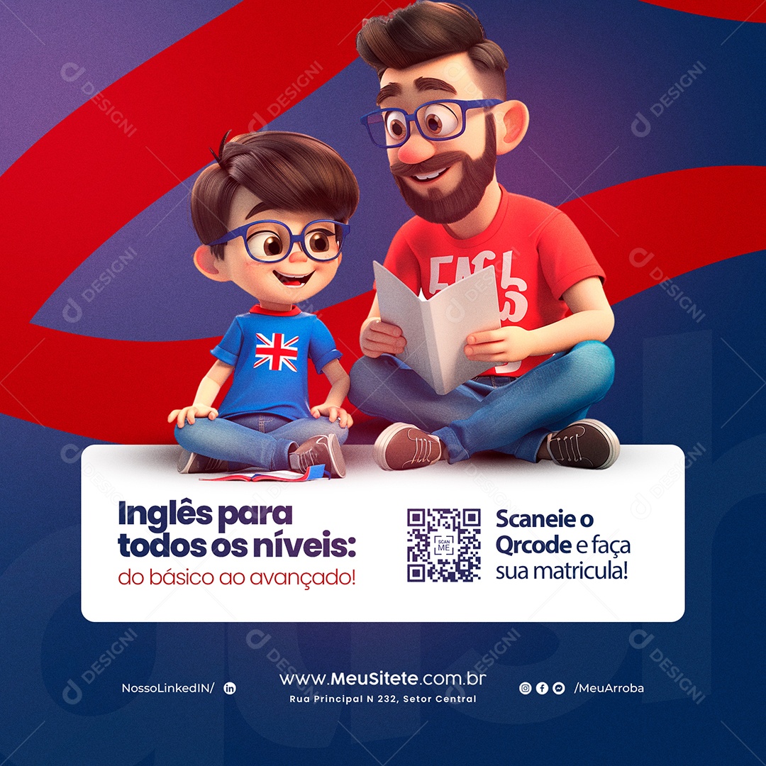 Aulas de Inglês Para Todos os Níveis Social Media PSD Editável