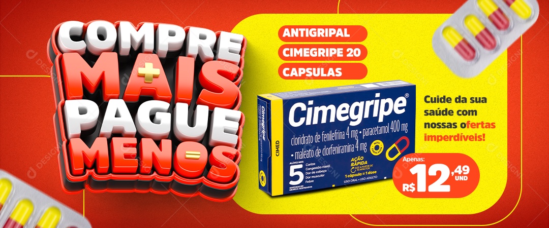 Banner Compre Mais Pague Menos Promoção de Farmácia Social Media PSD Editável