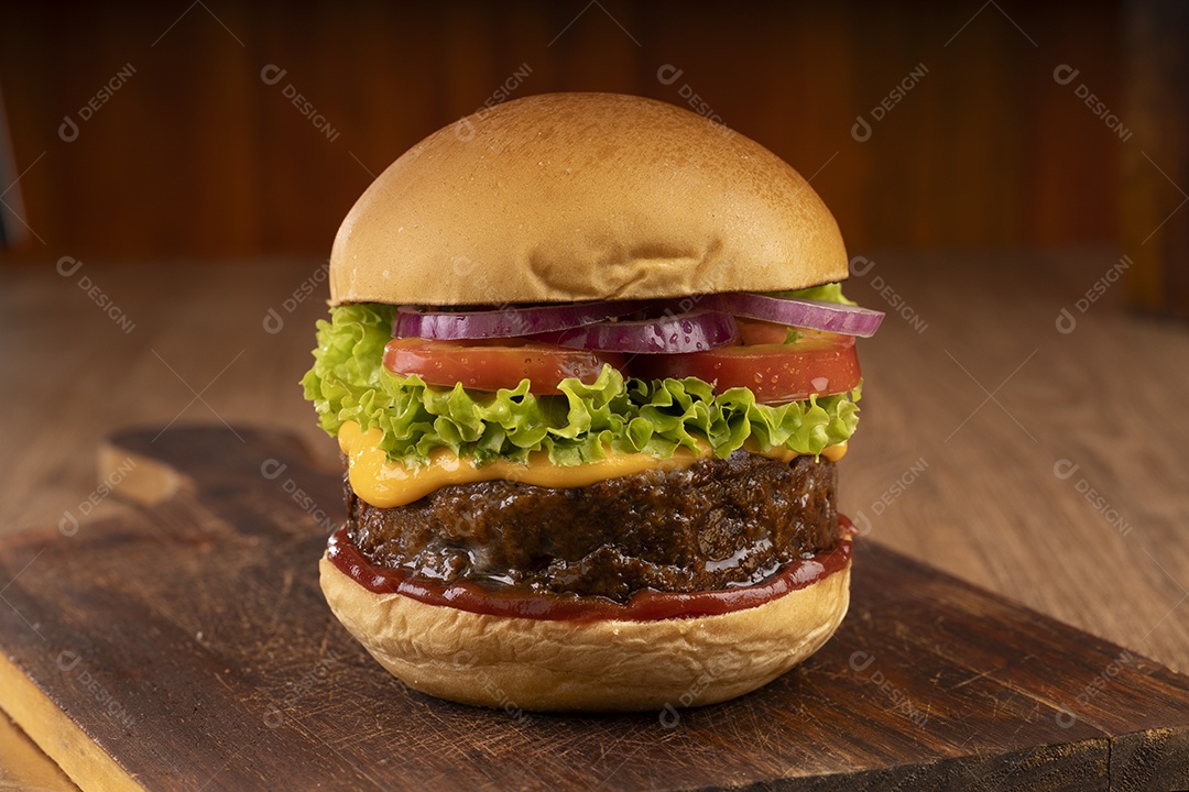 Hamburguer Delicious Giant On Wooden Table