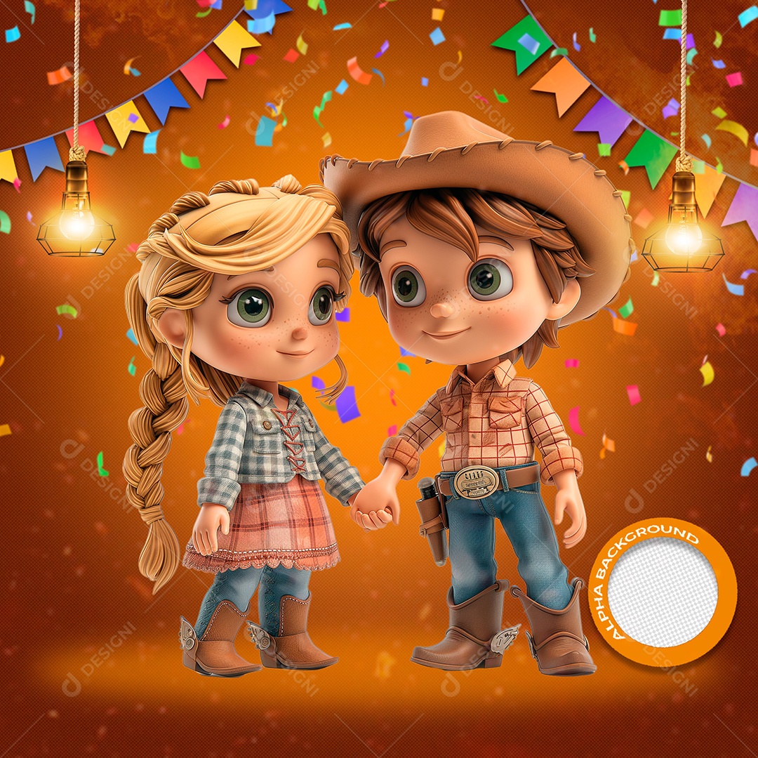 Casal de Criança Elemento 3D de São João para Composição PSD