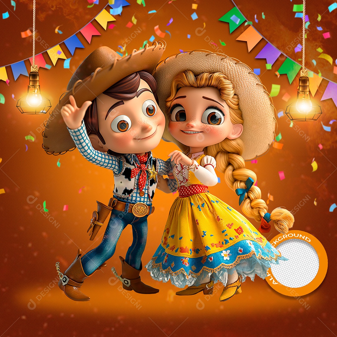 Casal Caipira Elemento 3D de São João para Composição PSD