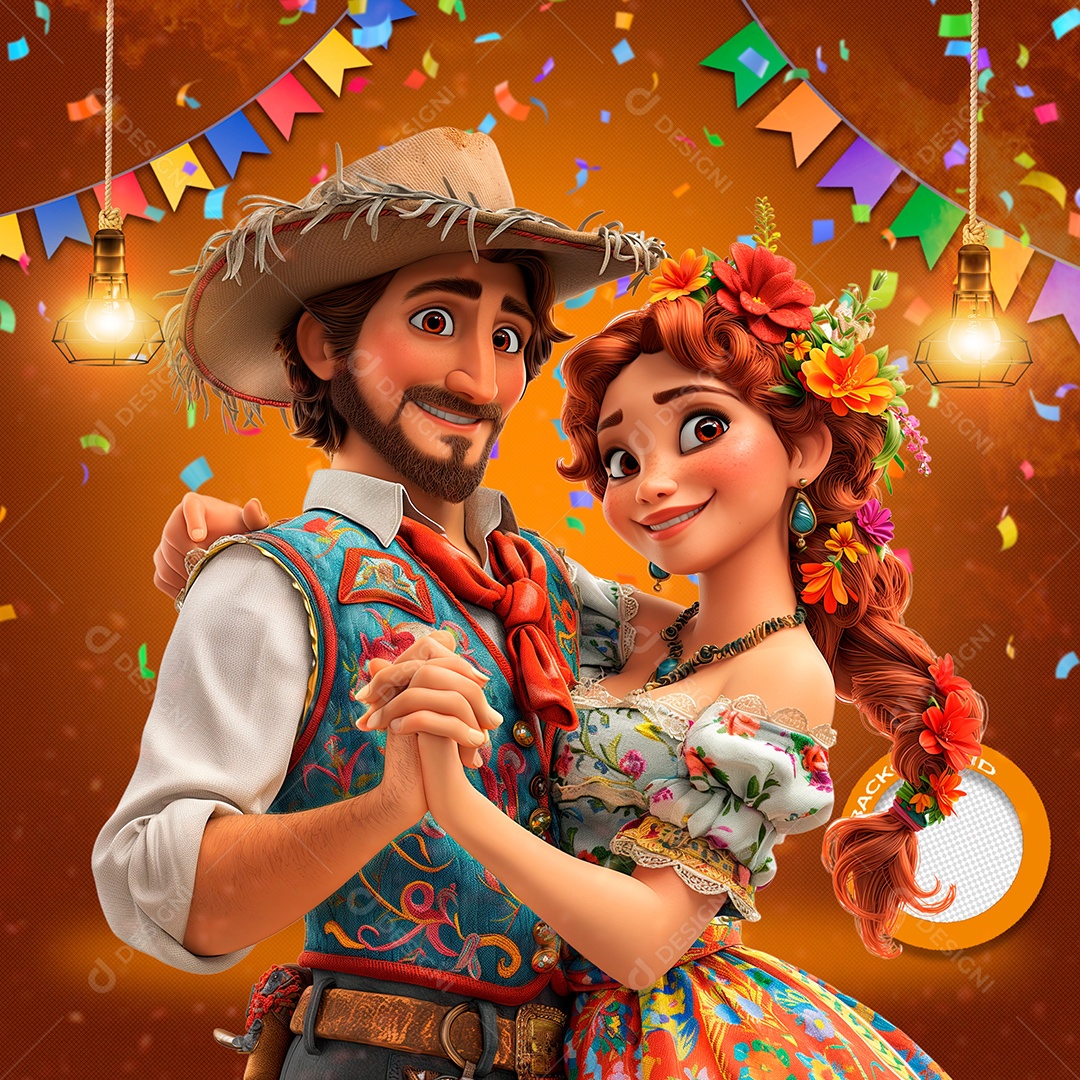 Casal Feliz Elemento 3D de São João para Composição PSD