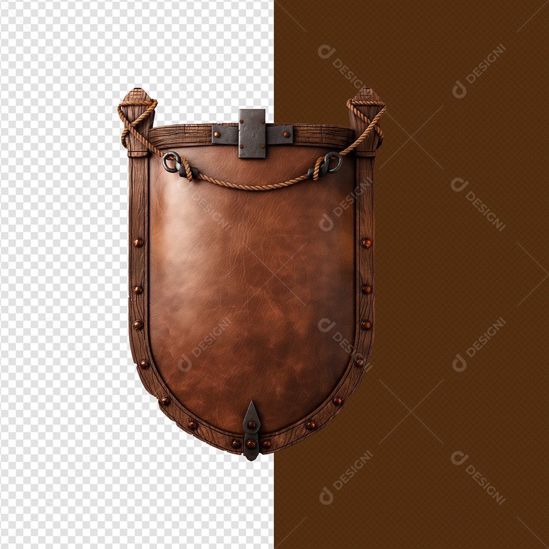 Escudo Madeira e Couro Elemento 3D para Composição PSD