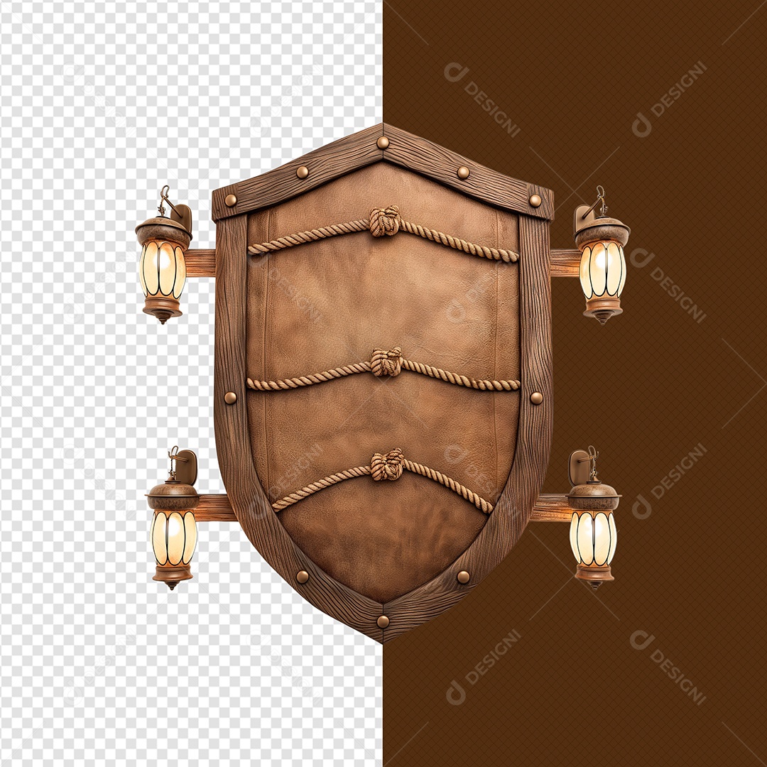 Escudo Madeira e Couro Elemento 3D para Composição PSD