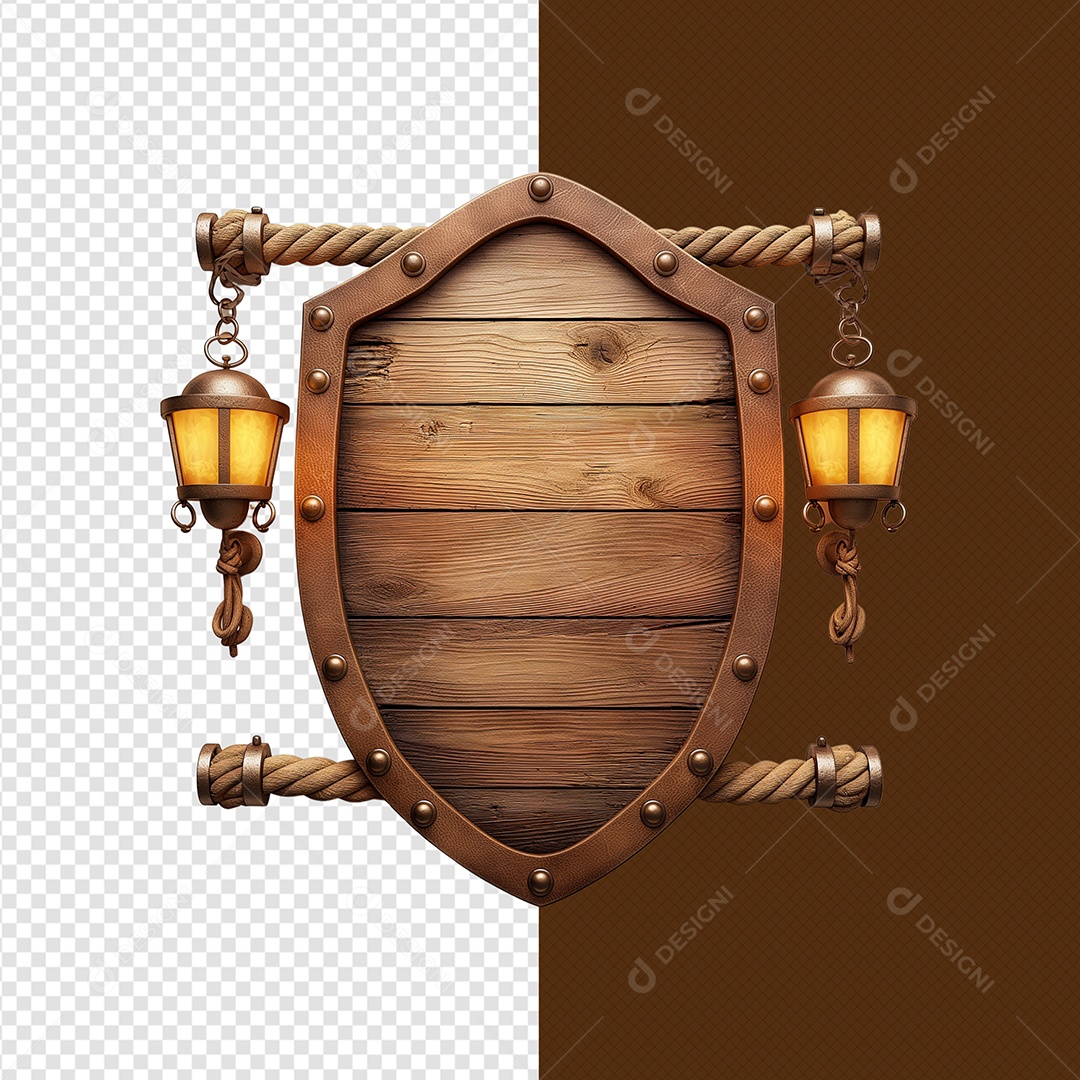 Escudo Madeira com Corda e Luminária Elemento 3D para Composição PSD