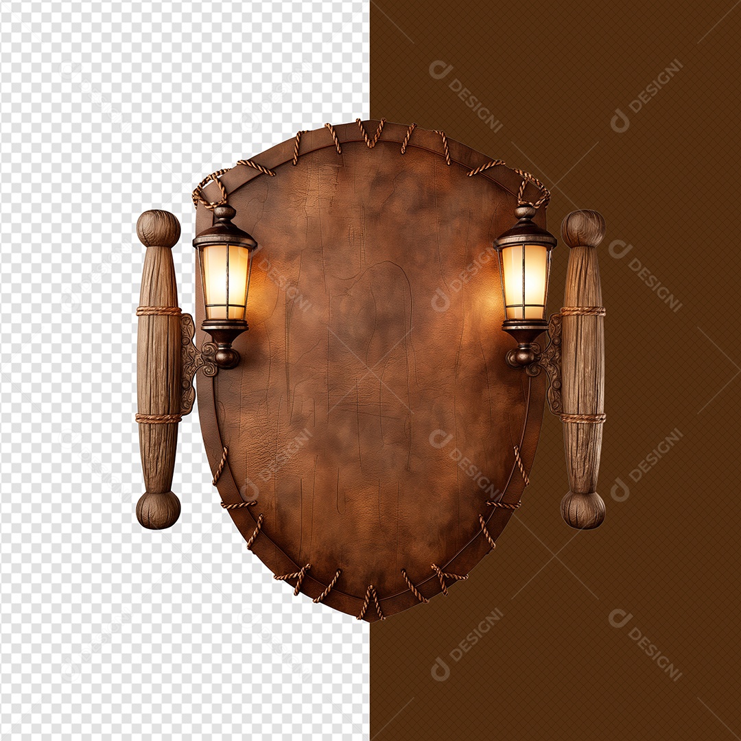 Escudo Madeira com Luminária Elemento 3D para Composição PSD