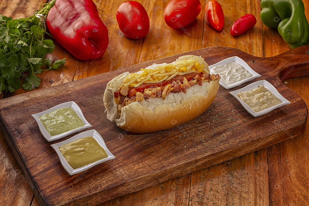 Cachorro quente com molhos ao lado