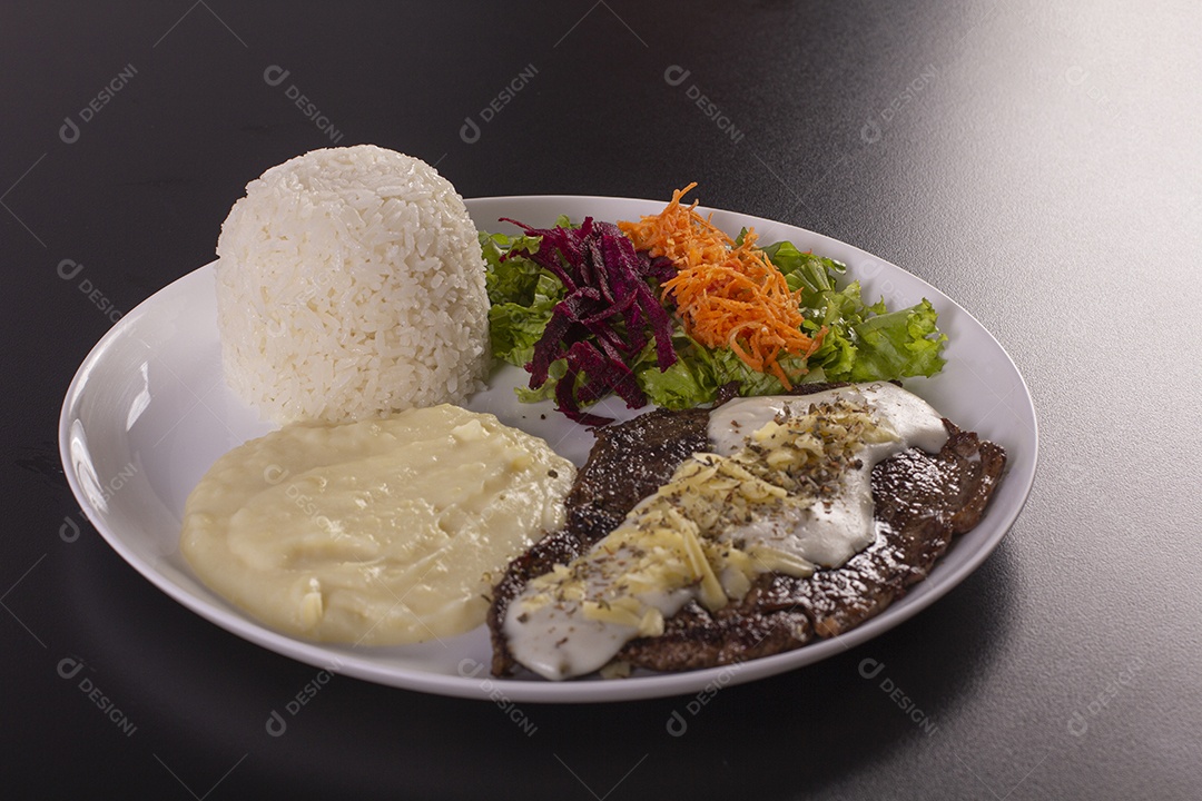 Rice with puree salad and meat with cheese