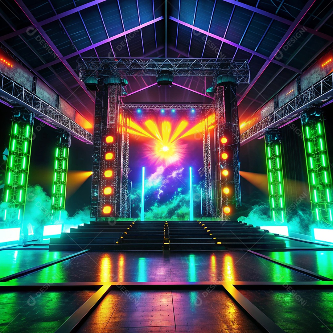 Palco bem montado com luzes neon para show