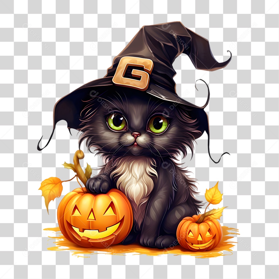 Elemento 3D Halloween Gato Bruxa PNG Transparente