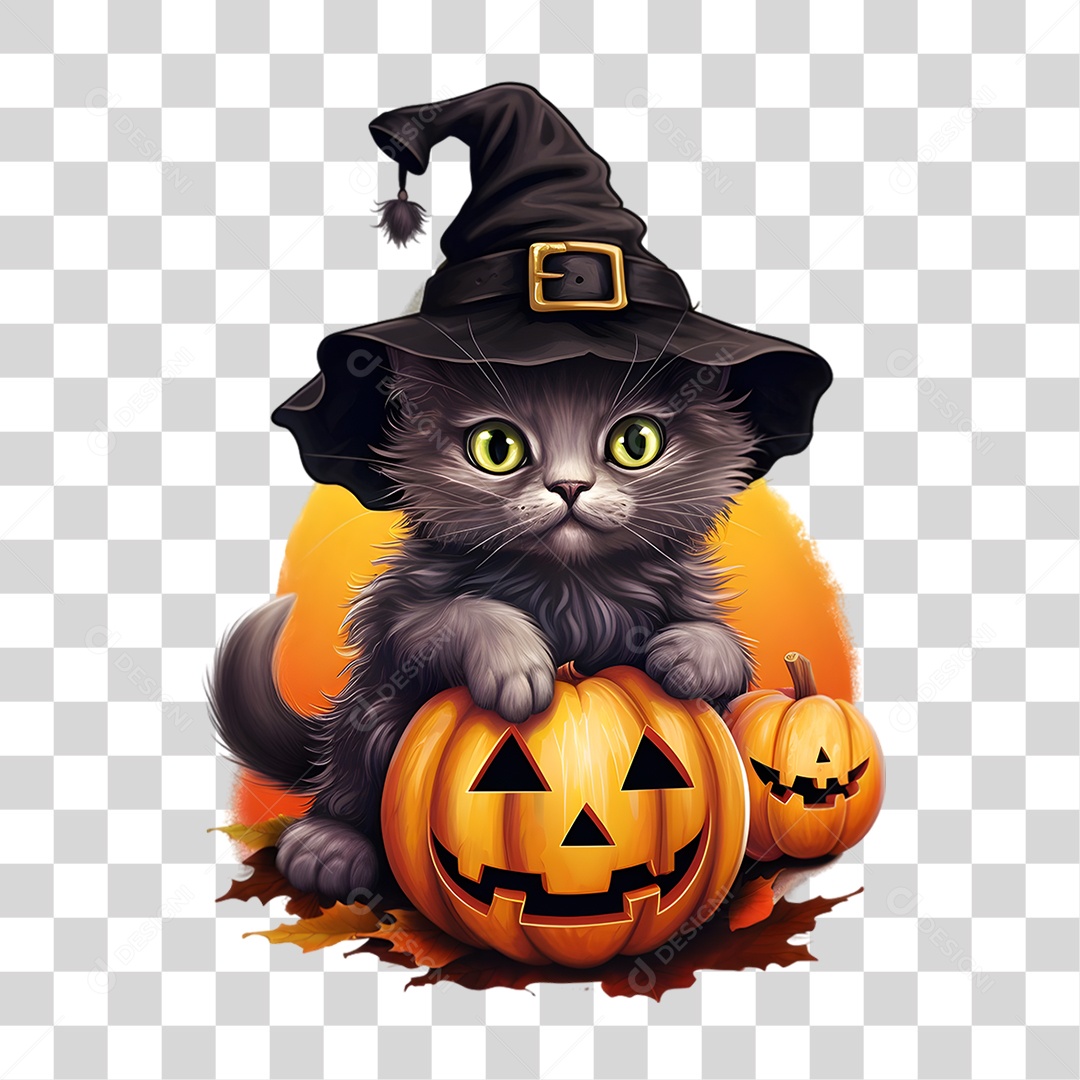 Elemento 3D Halloween Gato Bruxa PNG Transparente