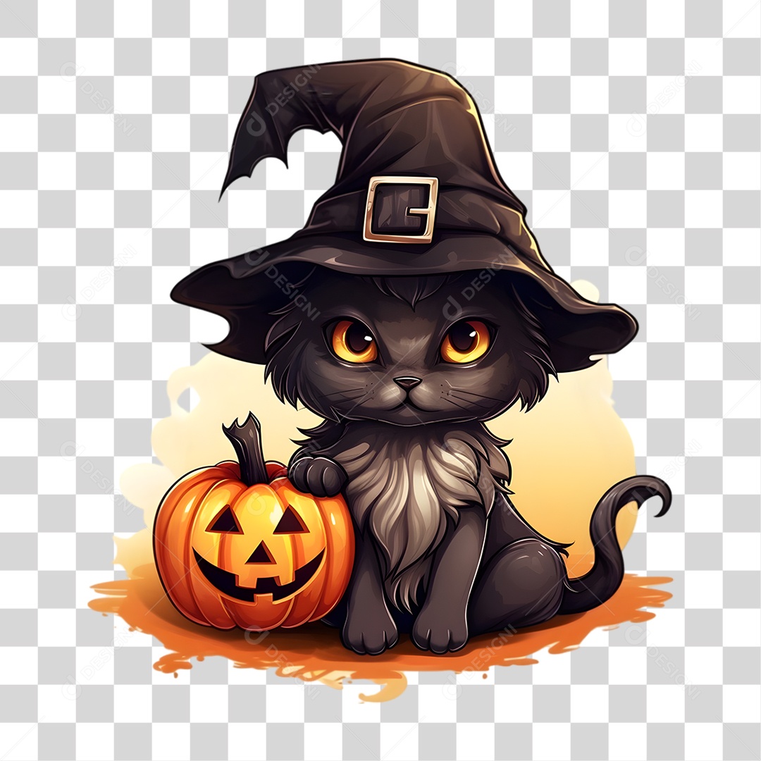 Elemento 3D Halloween Gato Bruxa PNG Transparente