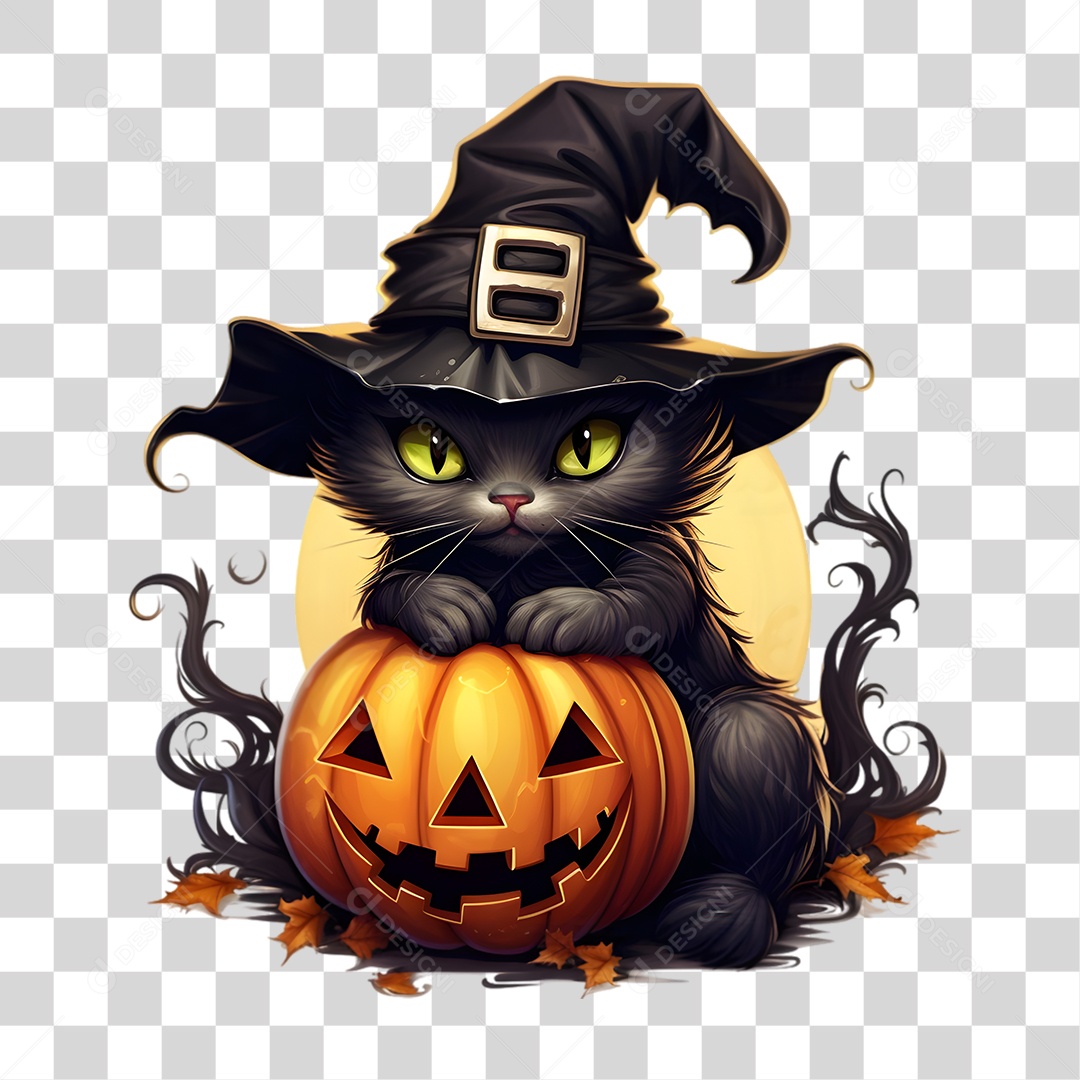 Elemento 3D Halloween Gato Bruxa PNG Transparente