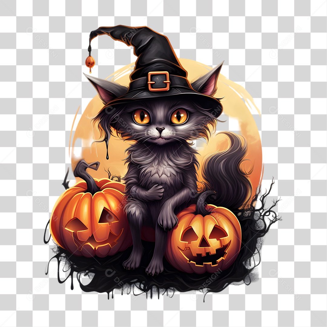 Elemento 3D Halloween Gato Bruxa PNG Transparente