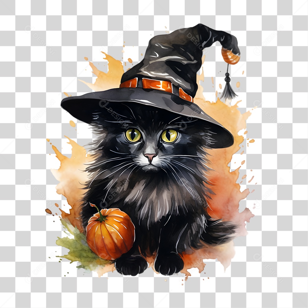 Elemento 3D Halloween Gato Bruxa PNG Transparente