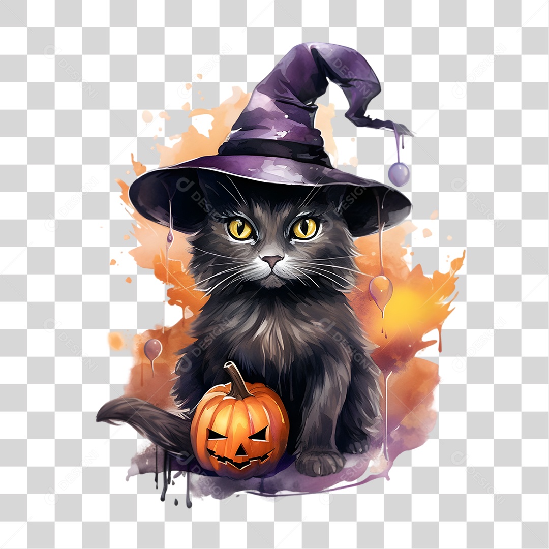 Elemento 3D Halloween Gato Bruxa PNG Transparente