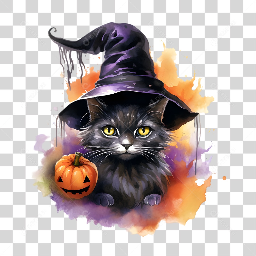 Elemento 3D Halloween Gato Bruxa PNG Transparente