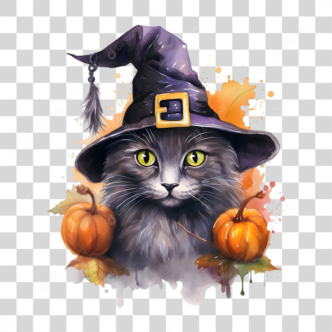 Elemento 3D Halloween Gato Bruxa PNG Transparente