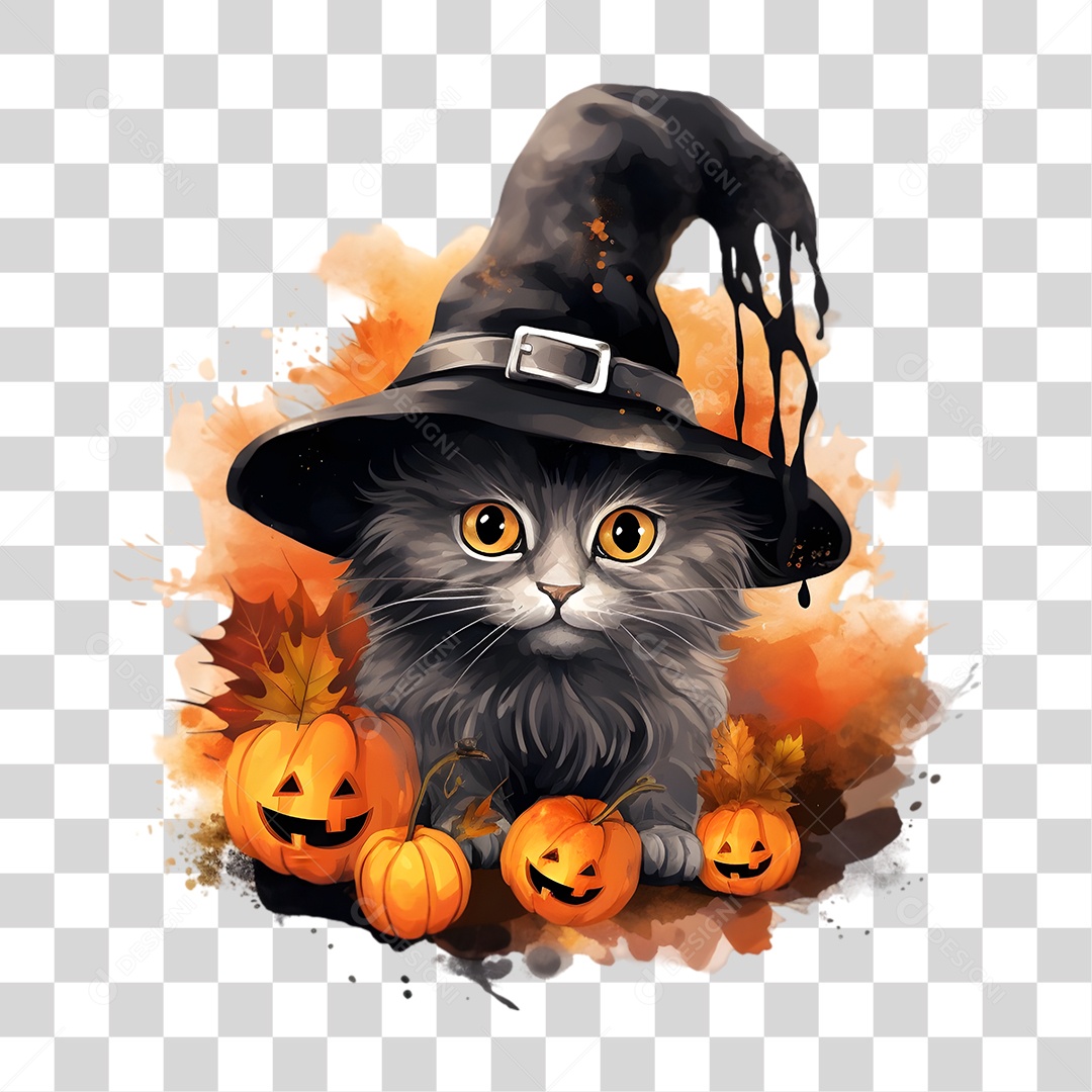 Elemento 3D Halloween Gato Bruxa PNG Transparente