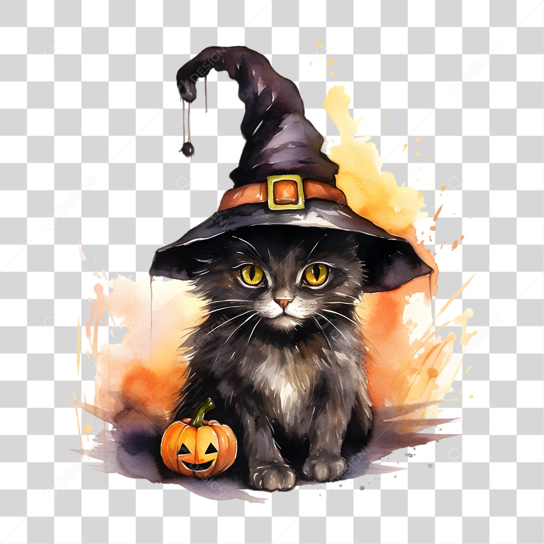 Elemento 3D Halloween Gato Bruxa PNG Transparente