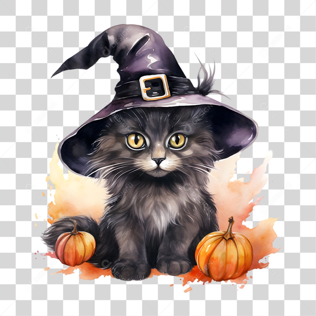 Elemento 3D Halloween Gato Bruxa PNG Transparente