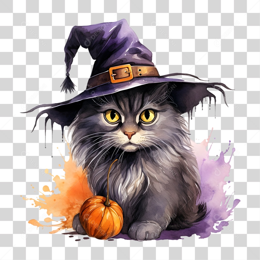 Elemento 3D Halloween Gato Bruxa PNG Transparente